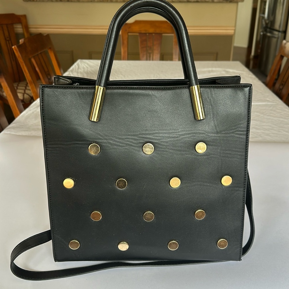 Neiman Marcus black and gold polka dotted shoulder bag. Vintage faux leather